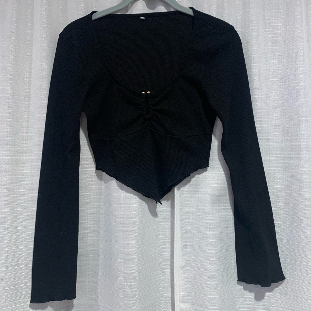 Women's Long Sleeve Knit Ribbed Crop Top Square Neck Asymmetrical Hem Tee